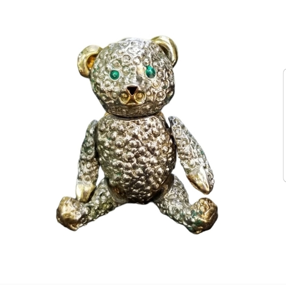 VINTAGE GOLD & SILVERTONED ARTICULATED TEDDY BEAR BROOCH/ PENDANT - Picture 1 of 7